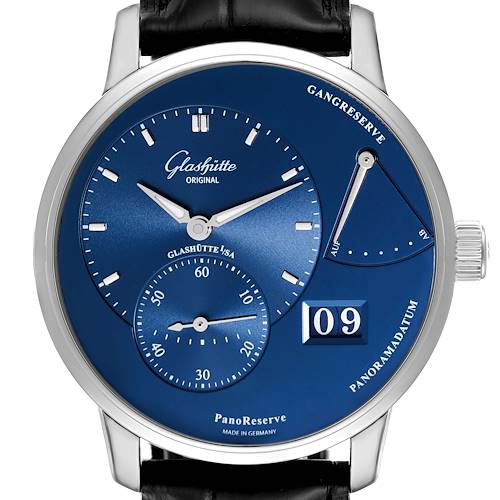 The image shows the face of a Glashütte Original PanoReserve watch, displaying time, date, and power reserve indicators.