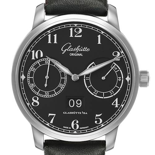 The Glashütte Senator watch is shown from a front angle, displaying the dial face, subdials, numerals, and crown.