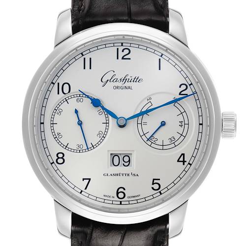 The Glashütte Senator watch is shown from the front, displaying the dial, hands, subdials, and date window.