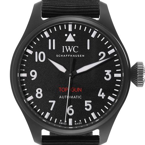 The image shows a front view of an IWC Pilot IW329801 Men's Ceramic Black Dial IW329801 Men's Ceramic Black Dial model watch, displaying the dial, hands, and crown.