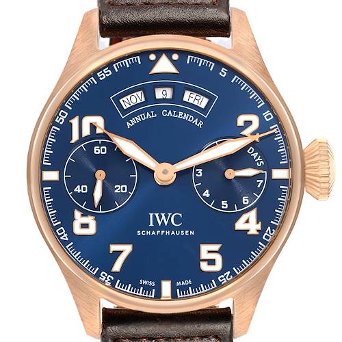 The IWC Pilot IW502701 Men's Rose Gold Blue Dial model watch is shown from the front, highlighting its annual calendar, sub-dials, and leather strap.