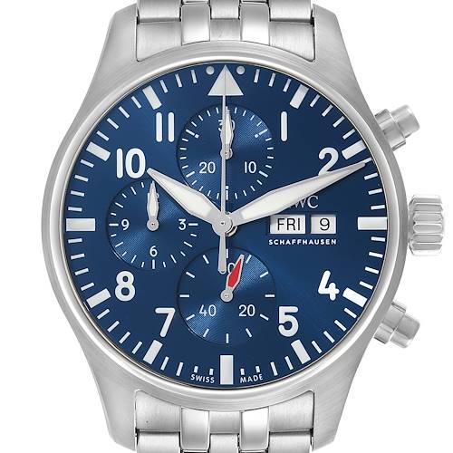 The IWC Pilot IW378004 Men's Stainless Steel Blue Dial IW378004 Men's Stainless Steel Blue Dial model watch is shown from the front angle, highlighting its blue dial, chronograph subdials, and stainless steel bracelet.