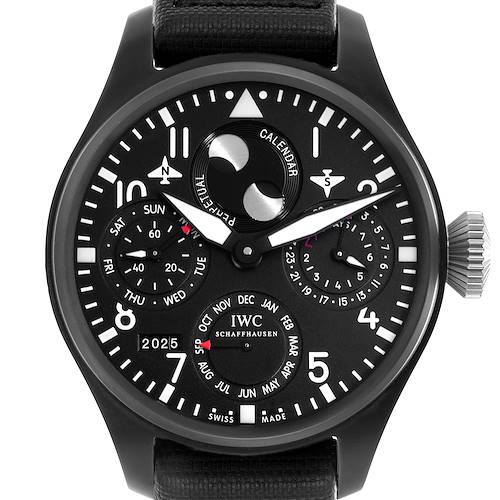 The IWC Pilot IW502902 Men's Ceramic Black Dial watch is shown from the front, displaying its black dial, perpetual calendar, moon phase, and subdials.