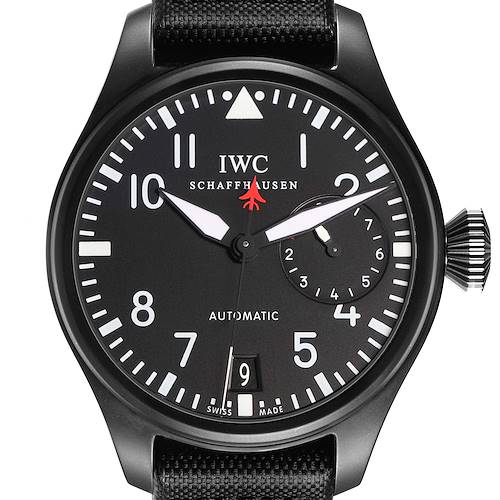 The IWC Pilot IW501901 Men's Ceramic Black Dial IW501901 Men's Ceramic Black Dial model watch is shown from a front angle, highlighting the black dial, numerals, hands, date window, and crown.