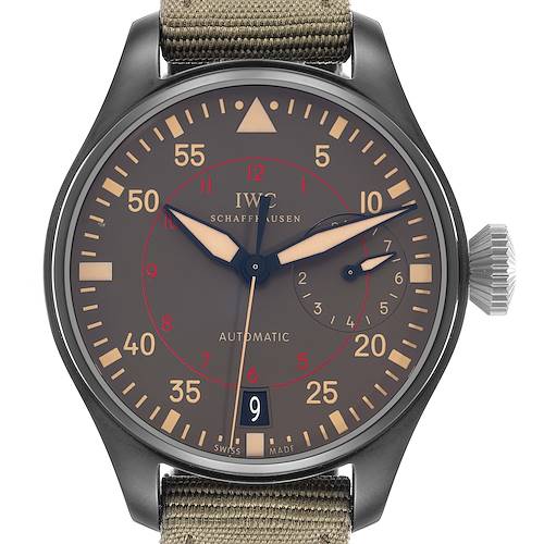 The IWC Pilot IW501902 Men's Ceramic Grey Dial watch is shown from the front, featuring the dial, hands, and date window.