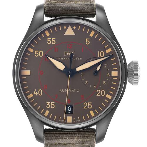The IWC Pilot IW501902 Men's Ceramic Grey Dial watch is shown from the front, displaying the dial, bezel, hands, and crown.