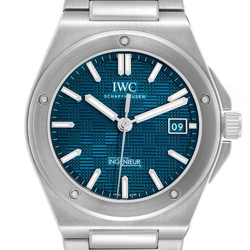 The IWC Ingenieur IW328903 Men's Stainless Steel Blue Dial watch is shown from the front, displaying the dial, bezel, crown, and part of the bracelet.