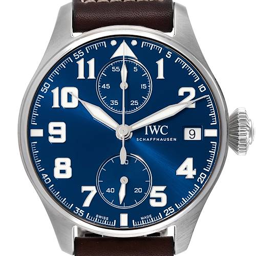 The image shows a front view of the IWC Pilot IW515202 Men's Stainless Steel Blue Dial IW515202 Men's Stainless Steel Blue Dial watch, highlighting the blue dial, numerals, subdials, and date window.