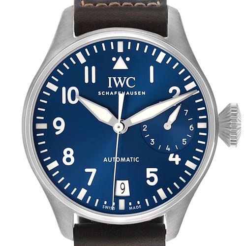 The IWC Pilot IW501002 Men's Stainless Steel Blue Dial watch is shown from the front, featuring its blue dial, bold numerals, and crown.
