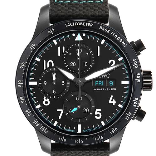 The IWC Pilot IW388306 Men's Ceramic Black Dial watch is shown from the front, highlighting its dial, tachymeter, and subdials.
