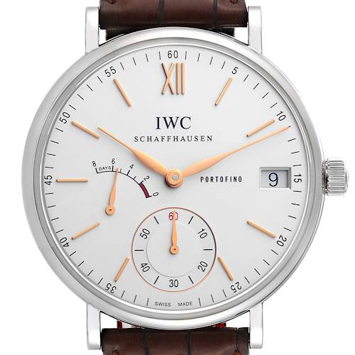 The IWC Portofino IW510103 Men's Stainless Steel Silver Dial watch is shown from a front angle, displaying its dial, hands, and subdials with a partial view of the leather strap.