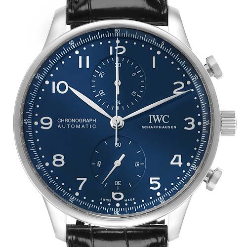 The IWC Portuguese IW371601 Men's Stainless Steel Blue Dial watch is shown from a front angle, displaying the blue dial, chronograph sub-dials, and crown.