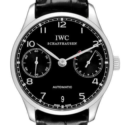 The IWC Portuguese IW500703 Men's Stainless Steel Black Dial model watch is shown from a front angle, showcasing its black dial, subdials, and silver case with a leather strap.