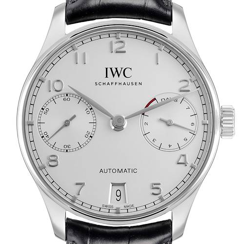 The IWC Portuguese IW500712 Men's Stainless Steel Silver Dial watch is shown from the front, highlighting its dial, numerals, and subdials.