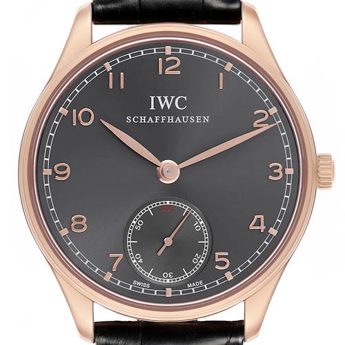 This IWC Portuguese IW545406 Men's Rose Gold Grey Dial IW545406 Men's Rose Gold Grey Dial watch is shown from the front, highlighting the dial, numerals, hands, subdial, and crown.