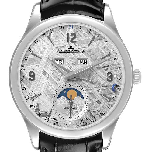 The Jaeger LeCoultre Master Q1558421 / 176.8.12.S Men's Stainless Steel Silver Dial model watch is shown from the front, displaying the dial, day, date, and moon phase features.