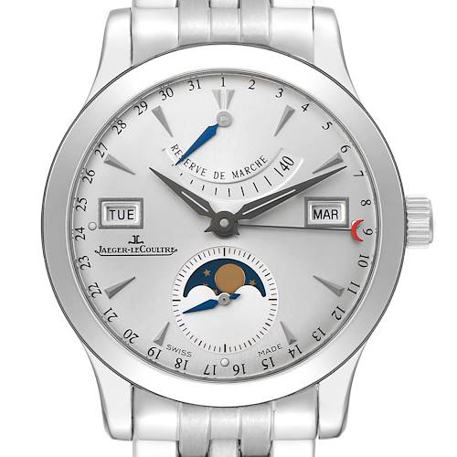 The Jaeger LeCoultre Master Q151812A Men's Stainless Steel Silver Dial watch is shown from a frontal angle, featuring a moon phase, power reserve, and date indicators.