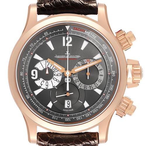 The Jaeger LeCoultre Master 146.2.25 Men's Rose Gold Grey Dial watch is shown from a front angle, highlighting the dial, subdials, crown, and pushers.