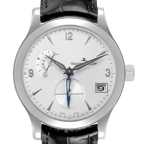 The Jaeger LeCoultre Master Q1628420 / 147.8.05.S Men's Stainless Steel Silver Dial watch is shown from a front angle, displaying the dial, hands, sub-dial, date window, and leather strap.