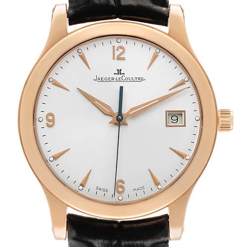 The Jaeger LeCoultre Master Q1392420 Men's Rose Gold Silver Dial watch is shown from the front, highlighting its face, hands, date display, and part of the strap.