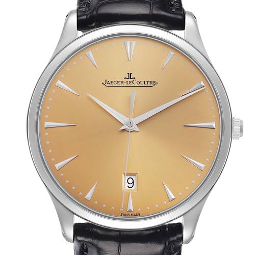 The Jaeger LeCoultre Master 174.8.37.S Q1288430 Men's Stainless Steel Champagne Dial model watch is shown head-on, displaying the dial, hands, crown, and leather strap.