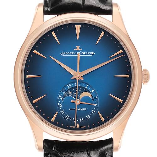 The Jaeger LeCoultre Master Q1362580 Men's Rose Gold Blue Dial model watch is shown from the front, highlighting the dial, hands, moon phase, and date indicator.
