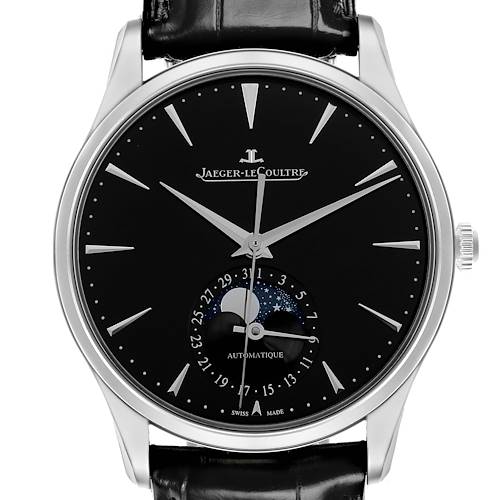 The Jaeger-LeCoultre Master model is shown from the front, highlighting its black dial, moon phase, and date subdial.