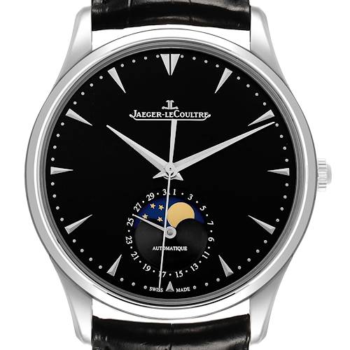 The Jaeger-LeCoultre Master watch is shown from the front, displaying the dial, hands, and moon phase indicator.