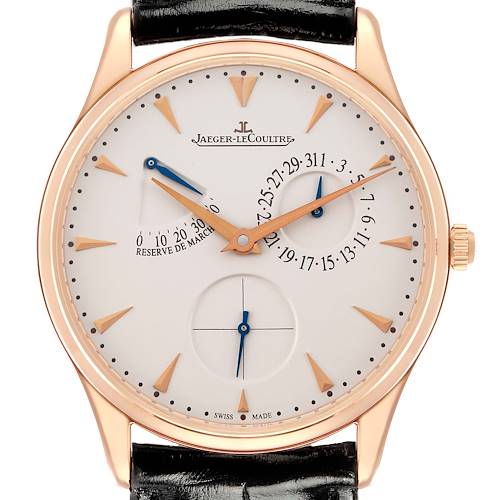 The Jaeger-LeCoultre Master model watch is shown from a front angle, highlighting the face, sub-dials, and crown.