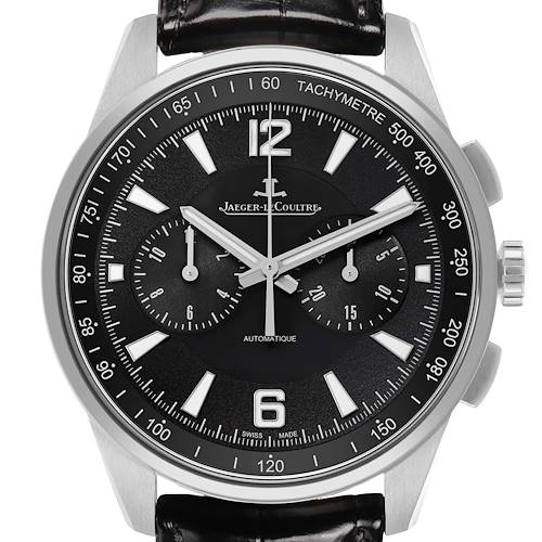 The Jaeger-LeCoultre Polaris model is shown from the front, highlighting its black dial, chronograph sub-dials, and tachymeter bezel.