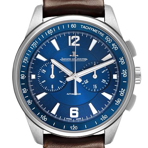 The Jaeger LeCoultre Polaris Q9028480 Men's Stainless Steel Blue Dial watch is shown from a front angle, displaying its blue dial, tachymeter, subdials, and crown.