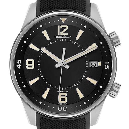 The Jaeger LeCoultre Polaris Q968671 Men's Stainless Steel Black Dial watch is shown from a front angle, displaying the dial, hands, date, and crown.