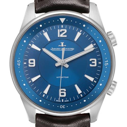 The Jaeger-LeCoultre Polaris watch is shown from the front, highlighting its blue dial, silver hands, and markers.