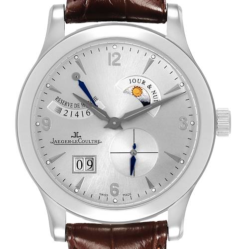The Jaeger LeCoultre Master Q1608420 Men's Stainless Steel Silver Dial watch is shown from a front angle, displaying the dial, markers, hands, and subdials.