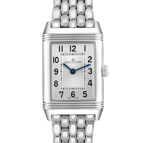 The image shows a frontal view of the Jaeger-LeCoultre Reverso watch, highlighting its face, dial, and bracelet.