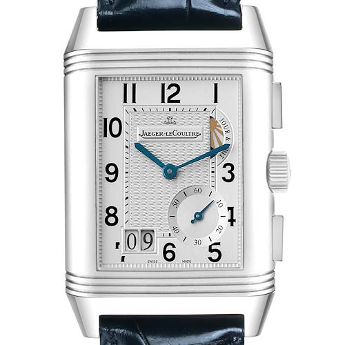 The Jaeger LeCoultre Reverso Q3028420 Men's Stainless Steel Silver Dial watch is shown from the front, displaying the dial, crown, and part of the strap.