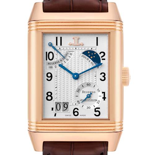 The Jaeger-LeCoultre Reverso watch is shown from the front, highlighting its dial, case, and crown with various complications.