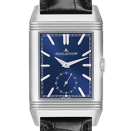 The Jaeger LeCoultre Reverso Q3988482/215.8.D4 Men's Stainless Steel Blue Dial watch is shown from a front angle, displaying its blue dial, hour markers, hands, and crown.