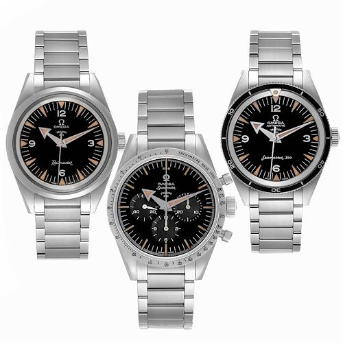 The image shows three Omega Museum Men's Stainless Steel Black Dial Men's Stainless Steel Black Dial model watches from a front angle, displaying their dials and metal bracelets.