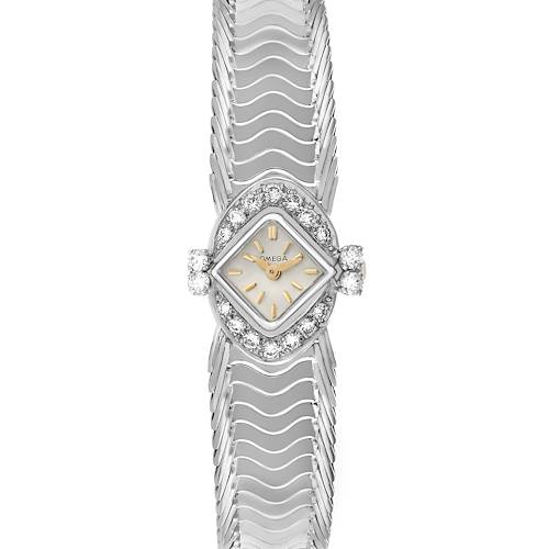 The Omega 119.26.65 Women's Stainless Steel Silver Dial De Ville Vintage Diamond Ladies Watch 119.26.65 is shown from a top view, highlighting the diamond-studded bezel and elegant bracelet.