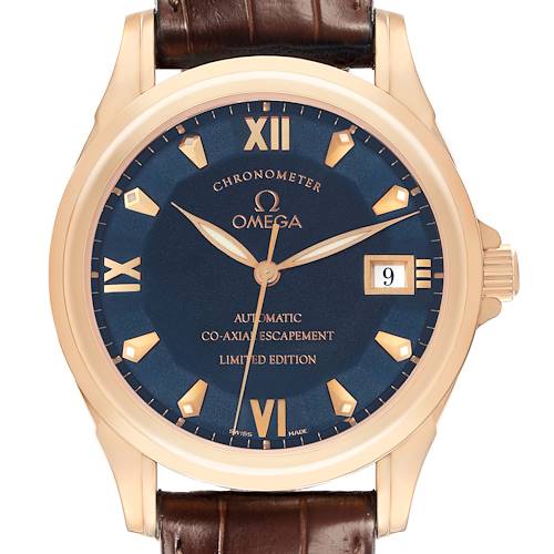 The Omega De Ville 5931.81.23 Men's Rose Gold Blue Dial 5931.81.23 Men's Rose Gold Blue Dial watch is shown from the front, displaying the face, dial, hands, and leather strap.