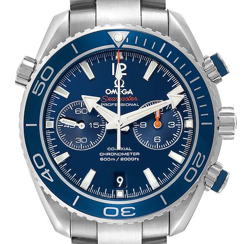 The Omega Planet Ocean 232.90.46.51.03.001 Men's Stainless Steel Blue Dial 232.90.46.51.03.001 Men's Stainless Steel Blue Dial watch is shown from the front, featuring the dial, bezel, and part of the stainless steel bracelet.