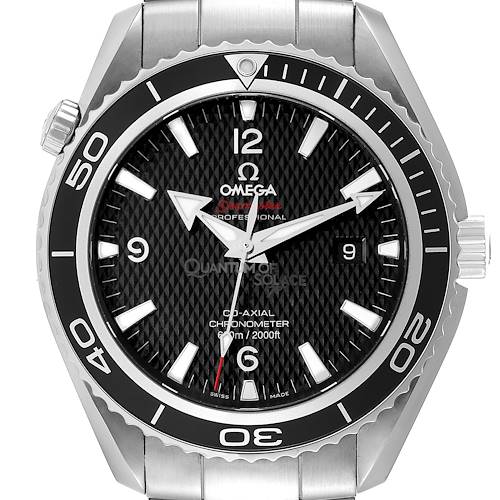 Front view of the Omega Planet Ocean 222.30.46.20.01.001 Men's Stainless Steel Black Dial 222.30.46.20.01.001 Men's Stainless Steel Black Dial watch, showcasing its black dial, bezel, and stainless steel bracelet.