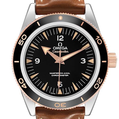 The Omega Seamaster 233.22.41.21.01.002 Men's Stainless Steel Black Dial watch is shown from the front, displaying the dial, bezel, hands, and part of the strap.