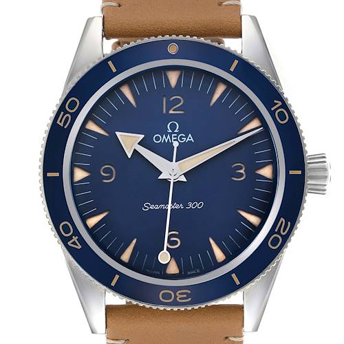 The Omega Seamaster 234.32.41.21.03.001 Men's Stainless Steel Blue Dial is shown from the front, featuring its blue dial, bezel, and brown leather strap.