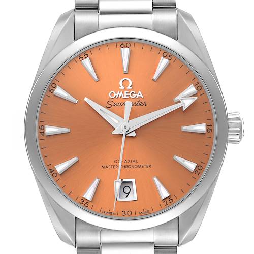The Omega Aqua Terra 220.10.38.20.12.001 Men's Stainless Steel Orange Dial watch is shown from the front, highlighting the dial, hands, and bracelet.