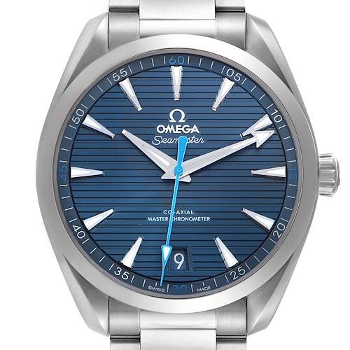 The Omega Aqua Terra 220.10.41.21.03.002 Men's Stainless Steel Blue Dial watch is shown from the front, highlighting the dial, hands, and date window.