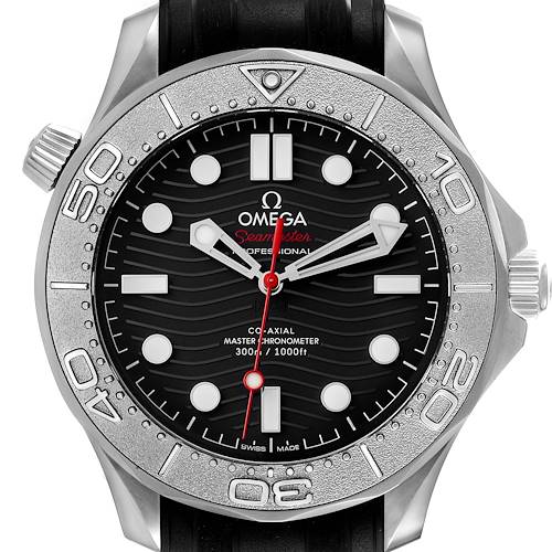The image shows a front view of the Omega Seamaster 210.32.42.20.01.002 Men's Stainless Steel Black Dial 210.32.42.20.01.002 Men's Stainless Steel Black Dial watch, detailing the bezel, dial, hour markers, and hands.