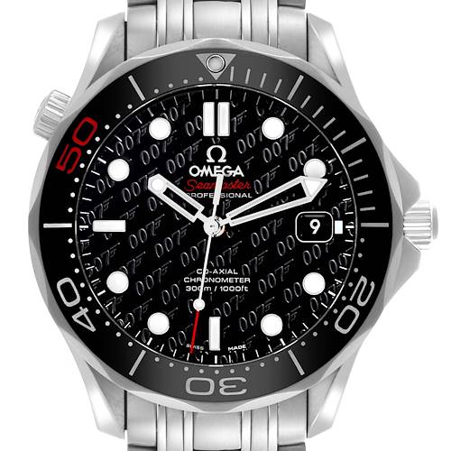 The Omega Seamaster 212.30.41.20.01.005 Men's Stainless Steel Black Dial 212.30.41.20.01.005 Men's Stainless Steel Black Dial watch is shown from the front, highlighting the dial, bezel, and metal bracelet.