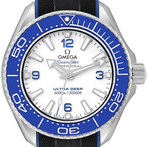 The image shows a front view of the Omega Planet Ocean 215.32.46.21.04.001 Men's Stainless Steel White Dial 215.32.46.21.04.001 Men's Stainless Steel White Dial Ultra Deep watch, highlighting its bezel, dial, and crown.
